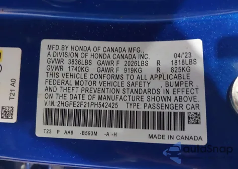 2023 Honda Civic Lx from USA, damaged, VIN 2HGFE2F21PH542425